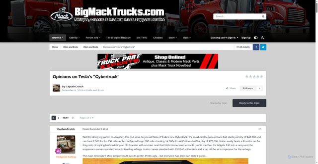Security scan screenshot of https://www.bigmacktrucks.com/topic/60119-opinions-on-teslas-cybertruck/