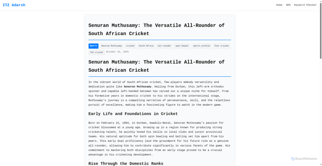 Security scan screenshot of https://blog.itzadarsh.co.in/ai/post.php?slug=senuran-muthusamy-south-african-cricketer