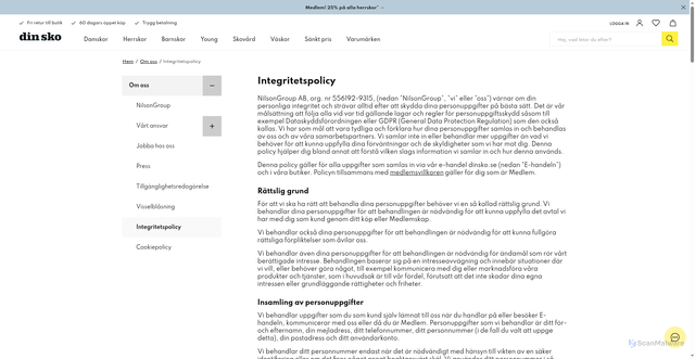 Security scan screenshot of https://www.dinsko.se/om-oss/integritetspolicy?vtid=E21map90bUeziqwkAOp6lQ&utm_source=Voyado&utm_medium=email&utm_campaign=ds-nyhetsbrev-ki-26v42-ds-sista-chansen-medlem-25proc-herr&eclub=s4ObHf5O3RXIRP0jc1rTE1HFe2994EPPQs4TxHO%2FKmc%3DufVWyY%2FDEkUy8nNFAQ9pNqgw0I9V4Qdicv3WjZ%2BuAEhJUsITS%2BAuEN1jK1Z9AE8fj6lH9lg5b%2F5SowHF6LMSEgs4KEOwuP8R7wYvUGjXDhggCGL6SOnVtVbU%2FgtY9mpFn1lxQ%2FP0O3NYCgomQN3z1GXJnSC3RmuH%2BP%2BDMEgZMJQ%3D
