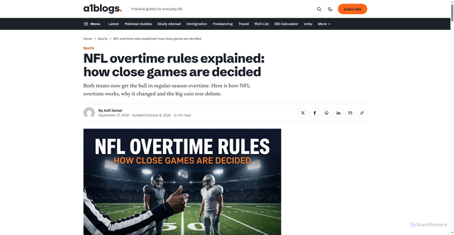 Security scan screenshot of https://a1blogs.com/nfl-overtime-rules/