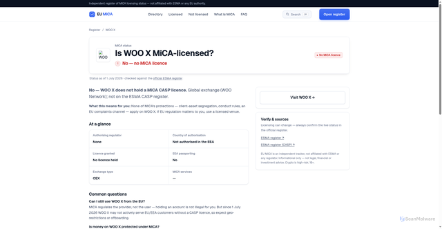 Security scan screenshot of https://eumica.com/exchange/woo-x