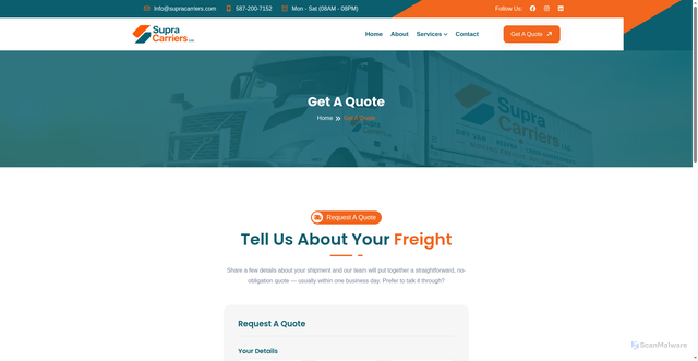 Security scan screenshot of https://supracarriers.ca/quote.php?service=long-haul