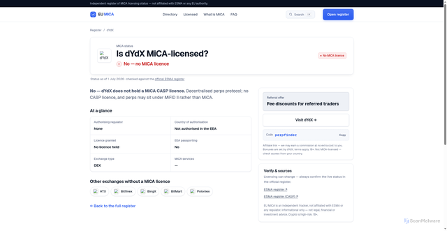 Security scan screenshot of https://eumica.com/exchange/dydx