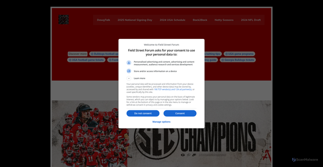 Security scan screenshot of https://www.fieldstforum.com/2025/08/01/uga-football-meet-georgias-new-ol-assistant-coach-phil-rauscher/
