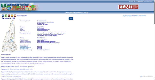 Security scan screenshot of https://www2.nhes.nh.gov/GraniteStats/SessionServlet?page=Community.jsp&SID=1&city=000216&cityName=Tamworth