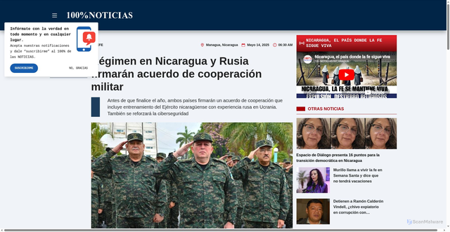 Security scan screenshot of https://100noticias.tv/politica/139203-regimen-nicaragua-rusia-cooperacion-militar/