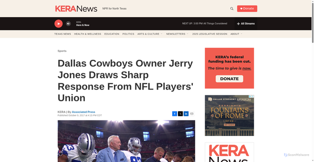 Security scan screenshot of https://www.keranews.org/sports/2017-10-09/dallas-cowboys-owner-jerry-jones-draws-sharp-response-from-nfl-players-union
