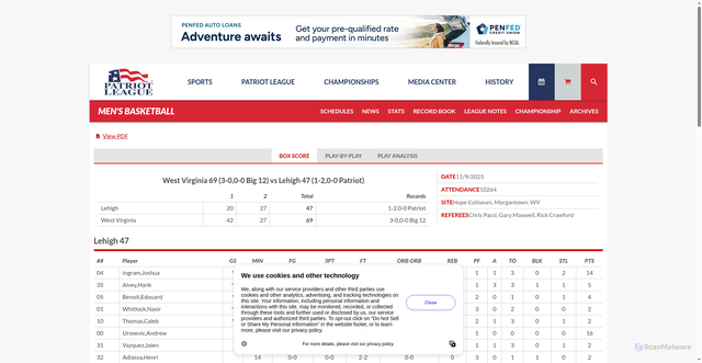 Security scan screenshot of https://patriotleague.org/boxscore.aspx?id=7ltyipP022aUJKmSgYVs3wXi7up73ghniwD5ElWyd07J7BNseBaMQePf0fY%2F3yUPTj84TubHfvJCI5skgIISafQY0FhRbN9SIGU40mLUycDp04%2BPOSx2eG1lrlXkHOGmmxuoCLPdZHN3wrexN45CaG%2FFiQGL9GhExC%2FQoG2p%2Fy8%3D&path=mbball