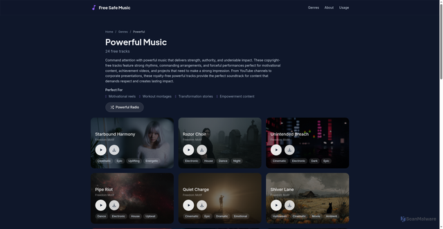 Security scan screenshot of https://freesafemusic.pages.dev/genres/powerful/