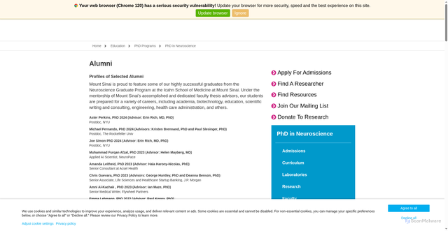 Security scan screenshot of https://icahn.mssm.edu/education/phd/neuroscience/alumni