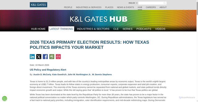 Security scan screenshot of https://www.klgates.com/thought-leadership/2026-Texas-Primary-Election-Results-How-Texas-Politics-Impacts-Your-Market-3-10-2026