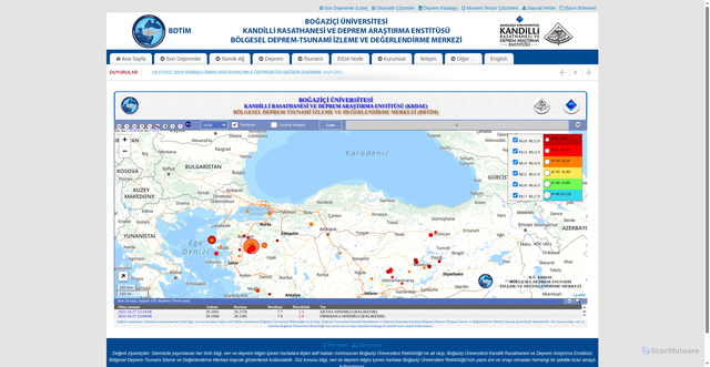 Security scan screenshot of http://www.koeri.boun.edu.tr/sismo/2/son-depremler/harita-uzerinde/
