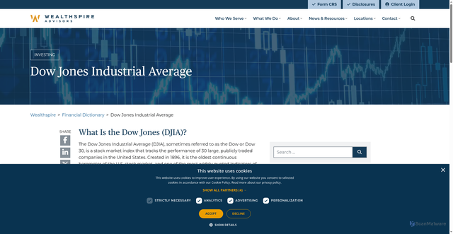 Security scan screenshot of https://www.wealthspire.com/financial-dictionary/dow-jones-industrial-average/