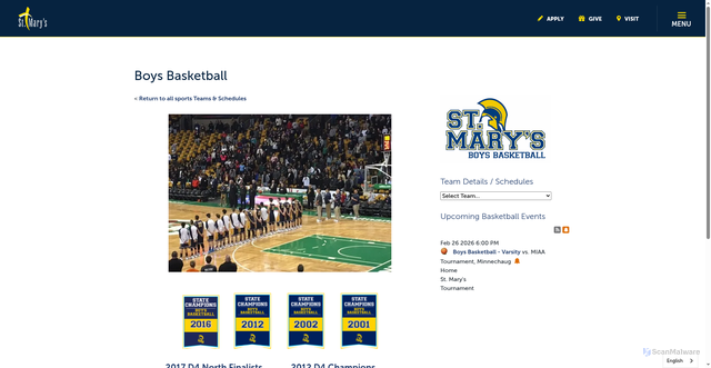 Security scan screenshot of https://www.stmaryslynn.com/athletics/teams-and-schedules/boys-basketball