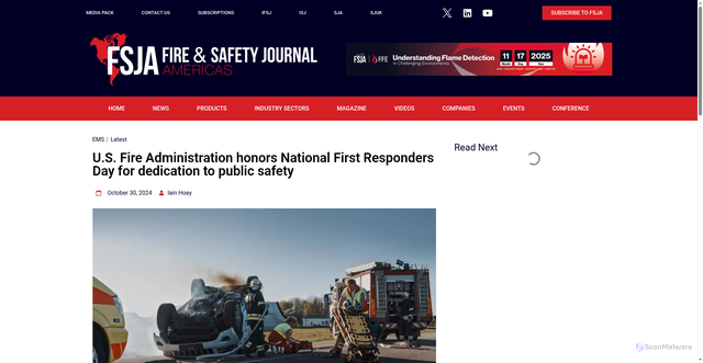 Security scan screenshot of https://fireandsafetyjournalamericas.com/u-s-fire-administration-honors-national-first-responders-day-for-dedication-to-public-safety/