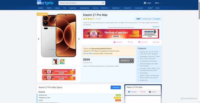 Security scan screenshot of https://us.smartprix.com/mobiles/xiaomi-17-pro-max-ppd11cih49s9