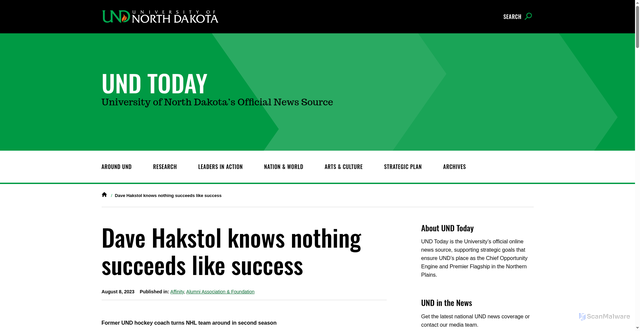 Security scan screenshot of https://blogs.und.edu/und-today/2023/08/dave-hakstol-knows-nothing-succeeds-like-success/