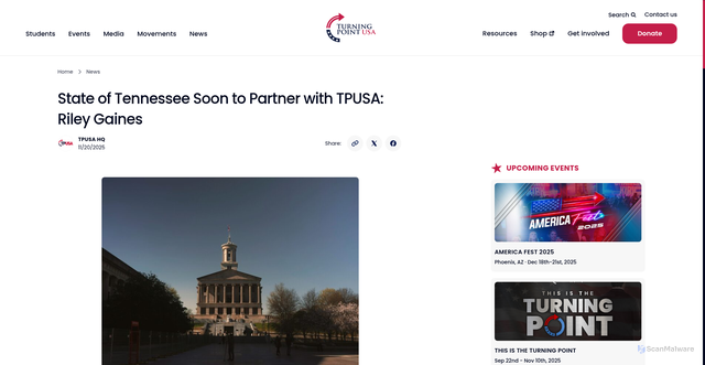 Security scan screenshot of https://tpusa.com/live/state-of-tennessee-soon-to-partner-with-tpusa-riley-gaines/