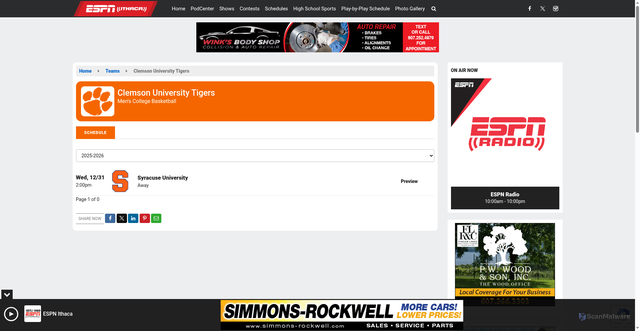 Security scan screenshot of https://www.espnithaca.com/teams/clemson-university-tigers-mens-college-basketball/