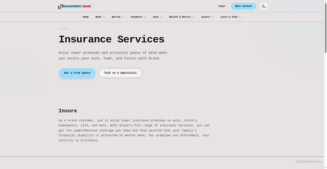 Security scan screenshot of https://grandwestbank.com/insure