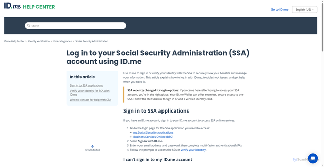 Security scan screenshot of https://help.id.me/hc/en-us/articles/4416182310039-Log-in-to-your-Social-Security-Administration-SSA-account-using-ID-me