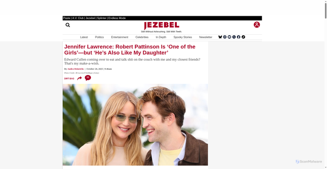 Security scan screenshot of https://www.jezebel.com/jennifer-lawrence-robert-pattinson-one-of-the-girls