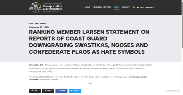 Security scan screenshot of https://democrats-transportation.house.gov/news/press-releases/ranking-member-larsen-statement-on-reports-of-coast-guard-downgrading-swastikas-nooses-and-confederate-flags-as-hate-symbols