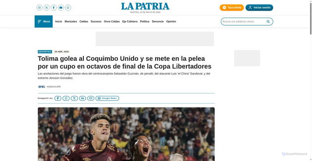 Security scan screenshot of https://www.lapatria.com/deportes/tolima-golea-al-coquimbo-unido-y-se-mete-en-la-pelea-por-un-cupo-en-octavos-de-final-de-la