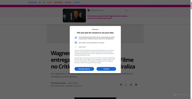 Security scan screenshot of https://gshow.globo.com/cultura-pop/filmes/noticia/wagner-moura-faz-piada-ao-entregar-premio-de-melhor-filme-no-critics-choice-awards-e-viraliza.ghtml