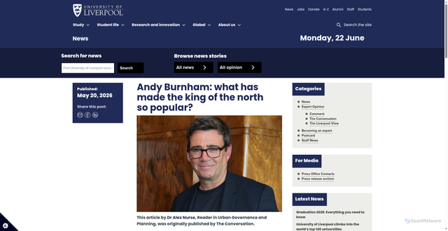 Security scan screenshot of https://news.liverpool.ac.uk/2026/05/20/andy-burnham-what-has-made-the-king-of-the-north-so-popular/