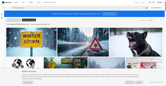 Security scan screenshot of https://stock.adobe.com/search?k=freeze+warning