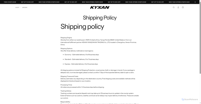Security scan screenshot of https://kyxanclub.com/policies/shipping-policy