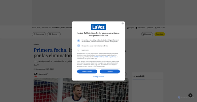 Security scan screenshot of https://www.lavoz.com.ar/deportes/futbol/inglaterra-le-gano-a-letonia-por-las-eliminatorias-europeas-al-mundial/