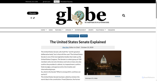 Security scan screenshot of https://www.chsglobe.com/41218/commentary/the-united-states-senate-explained/