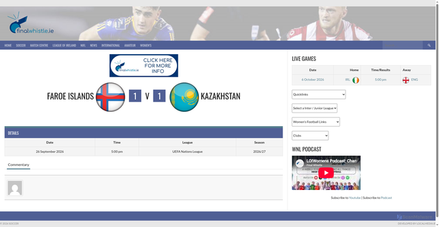 Security scan screenshot of https://www.finalwhistle.ie/soccer/event/international/mens-senior/uefa-nations-league/faroe-islands-v-kazakhstan/2026-09-26/