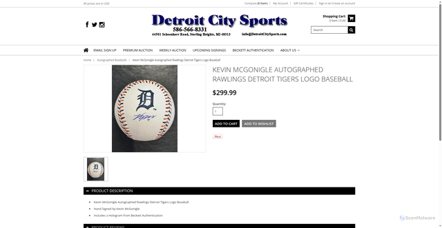 Security scan screenshot of https://www.detroitcitysports.com/kevin-mcgonigle-autographed-rawlings-detroit-tigers-logo-baseball/