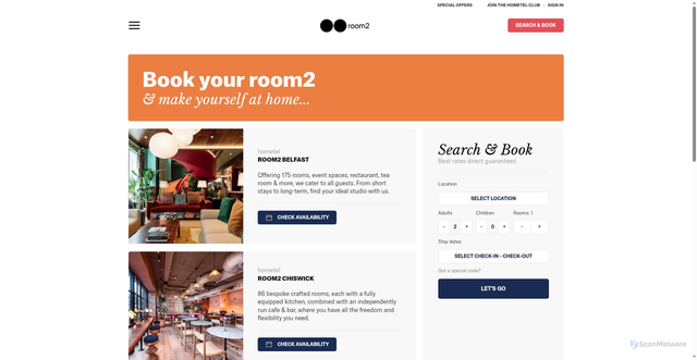 Security scan screenshot of https://book.room2.com