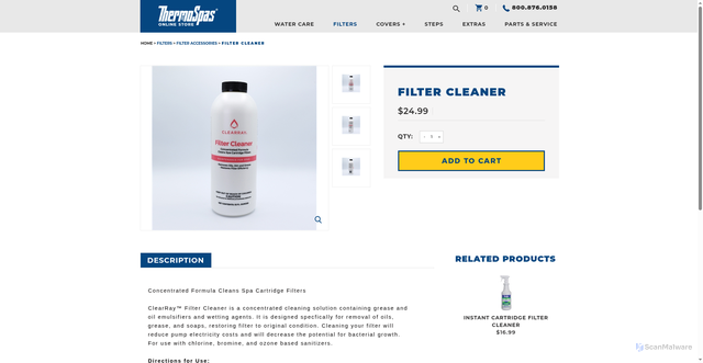 Security scan screenshot of https://online.thermospas.com/Filter-Cleaner-p/6473-460s.htm