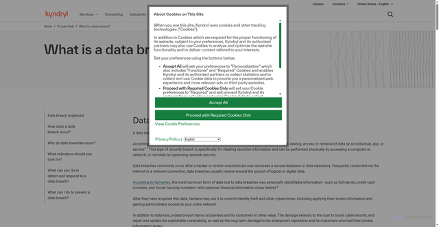 Security scan screenshot of https://www.kyndryl.com/us/en/learn/data-breach