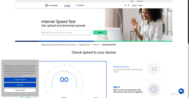 Security scan screenshot of https://www.centurylink.com/home/help/internet/internet-speed-test.html