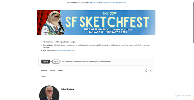 Security scan screenshot of https://sfsketchfest2025.sched.com/speaker/mike_krukow.27msf31c