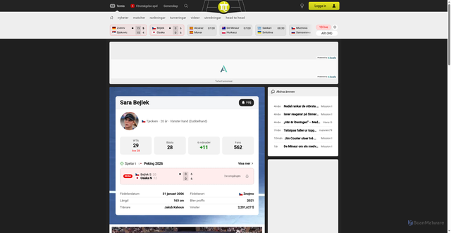 Security scan screenshot of https://sv.tennistemple.com/player/sara-bejlek