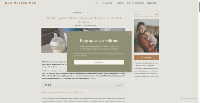 Security scan screenshot of https://newmodernmom.com/blog/bobbie-organic-whole-milk-vs-nara-baby-formula/