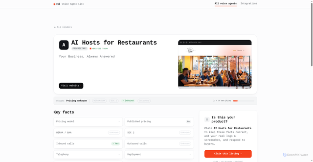 Security scan screenshot of https://voiceagentlist.com/vendors/ai-hosts-for-restaurants-9cce9d