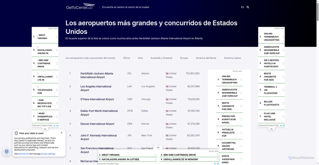Security scan screenshot of https://gettocenter.com/es/aeropuertos/pais/usa
