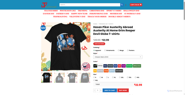 Security scan screenshot of https://teleteeshirt.com/product/hasan-piker-austerity-abroad-austerity-at-home-grim-reaper-devil-globe-t-shirts/