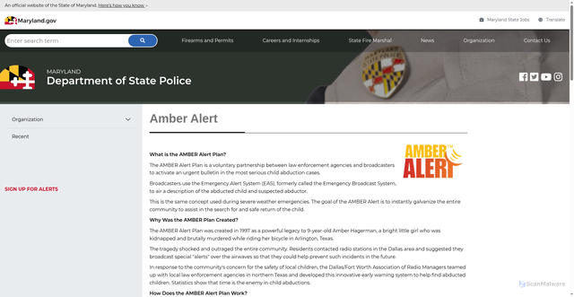 Security scan screenshot of https://mdsp.maryland.gov/Organization/Pages/CriminalInvestigationBureau/CriminalEnforcementDivision/AmberAlert.aspx