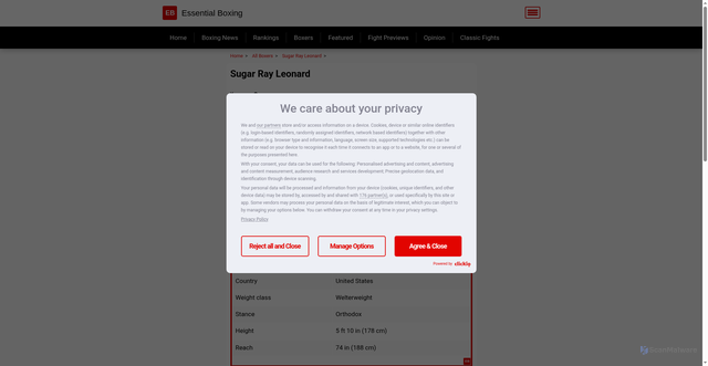 Security scan screenshot of https://essentialboxing.com/boxers/sugar-ray-leonard/