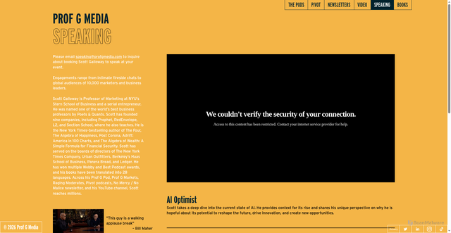 Security scan screenshot of https://profgmedia.com/speaking/