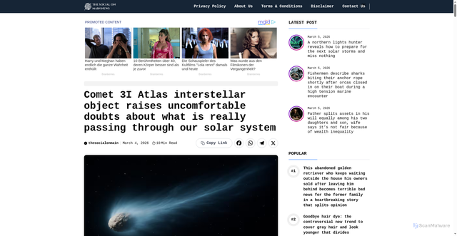 Security scan screenshot of https://www.thesocialonmain.com.au/comet-3i-atlas-interstellar-object-raises-uncomfortable-doubts-about-what-is-really-passing-through-our-solar-system/